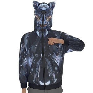 Mechanized Panther Full-Zip Hoodie - Futuristic Robotic-Themed Outerwear with Detailed Hood Design, Incognito Cosplay Hood