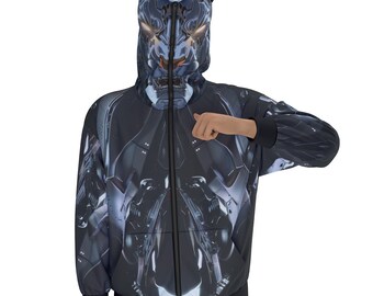Mechanized Panther Full-Zip Hoodie - Futuristic Robotic-Themed Outerwear with Detailed Hood Design, Incognito Cosplay Hood