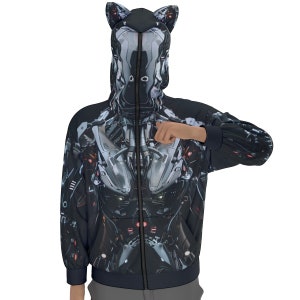 Advanced Robotic Panther Zip-Up Hoodie - Cybernetic Predator Aesthetic, Sci-Fi Inspired Mechanized Graphic Design, Unisex, Cyberpunk Fasion