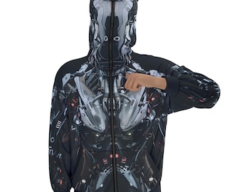 Robotic Panther Zip-Up Hoodie: Cyberpunk Sci-Fi Fashion