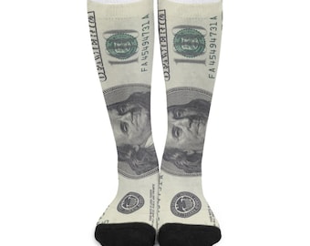 100 Dollar Bill Socks: Novelty Ben Franklin Print, Unisex Long Socks
