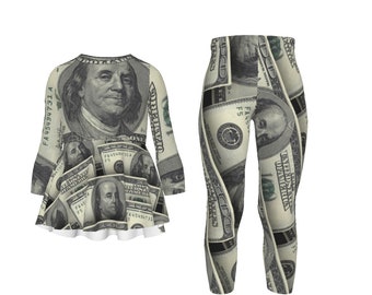 Girls&#39; Blouse Dress and Pants Set: Cash Money Green Outfit
