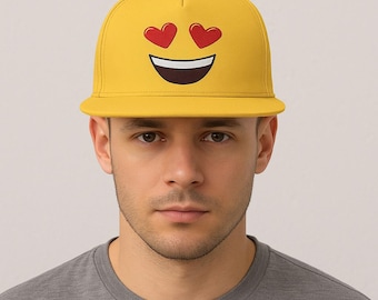 Heart Eyes Emoji Hat | Valentine’s Day Gift Cap | Yellow Smiley Flat Brim Snapback | Happy V-Day Cute Gift for Him or Her