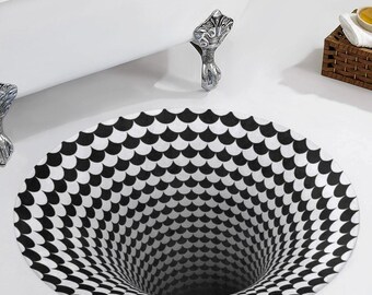 3d Optical Illusion Round Floor Mat – Black And White Tunnel Rug, Anti-slip Coral Fleece Carpet, Modern Home Decor, Unique Room Accent 35"