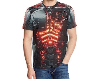 Cyberpunk T-Shirt: Futuristic Cyborg Torso, Red Neon Print