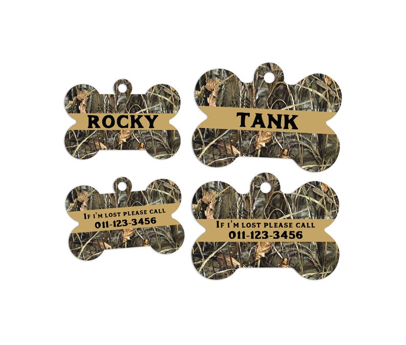 May include: Two bone-shaped dog tags with a camouflage pattern. One tag says "ROCKY" and the other says "TANK". The other two tags have the same camouflage pattern and say "If I'm lost please call 011-123-3456".