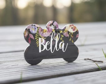 Watercolor Floral Dog ID Tag Personalized Bone Pet Tag