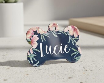 Watercolor Navy Floral Dog ID Tag Personalized Bone Pet Tag