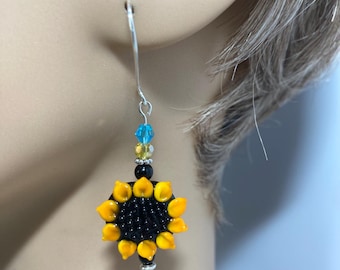 Made in Ukraine SRA Artisan Lampwork Sunflower Earrings with donation