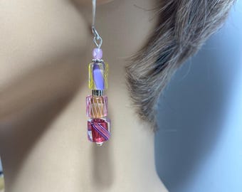Purple, Pink, and Yellow Striped SRA Artisan Furnace Glass Earrings