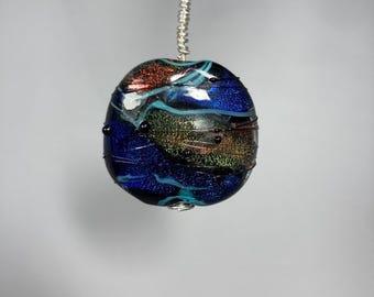 Multicolor Dichroic Sparkly Puffed Flat SRA Artisan Lampwork Pendant wrapped in Sterling Silver