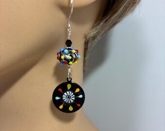 Modernist Black and White Marbled Rainbow Sprinkle SRA Artisan Lampwork and Enamel Earrings