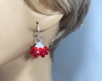 White with Textured Red Petals Whimsical Artisan Lampwork Earrings