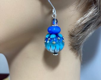 Aqua and Blue Flower Petals with Silver Dots SRA Artisan Lampwork Earrings
