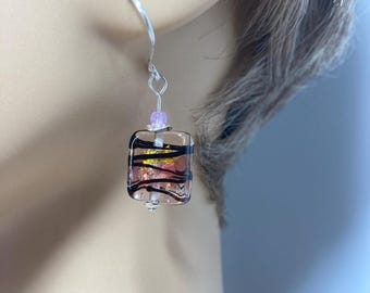 Pink and Gold Foil Abstract Sunset Artisan Lampwork Earrings