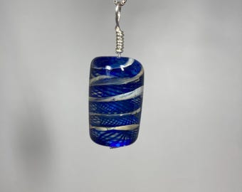 Blue Line Art Cylinder SRA Artisan Lampwork Pendant wrapped in Sterling Silver
