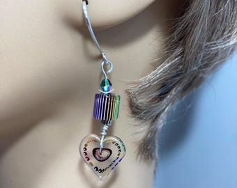 Rainbow Heart Furnace Glass SRA Artisan Handmade Earrings