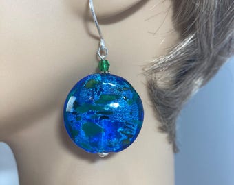 Electric Blue Foil with Green Flecks Abstract Planetary Artisan Lampwork Earrings