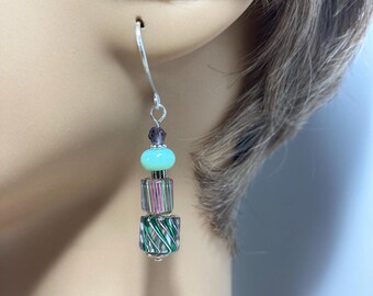 Green, Purple, and Pink Striped SRA Artisan Furnace Glass Earrings