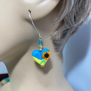 Made in Ukraine SRA Artisan Lampwork Ukraine Heart Flag Sunflower Earrings with donation