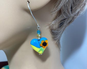 Made in Ukraine SRA Artisan Lampwork Ukraine Heart Flag Sunflower Earrings with donation