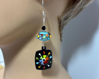 Modernist Sky Blue Rainbow Sprinkle SRA Artisan Lampwork and Enamel Earrings