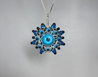 Bumpy Electric Blue and Black SRA Artisan Lampwork Pendant wrapped in Sterling Silver