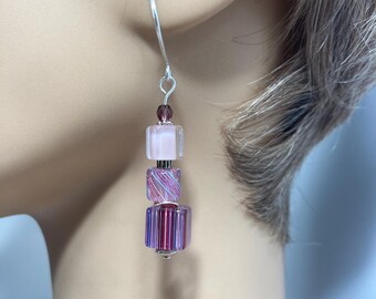 Pink and Purple Striped Cubes and Tubes SRA Artisan Furnace Glass Earrings