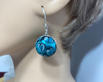 Teal Foil Artisan Lampwork with Hearts and Handmade Sterling Silver Earrings