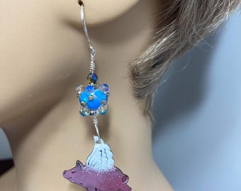 When Pigs Fly: Clear, Aqua, and Pink SRA Artisan Lampwork and Vitreous Enamel Earrings