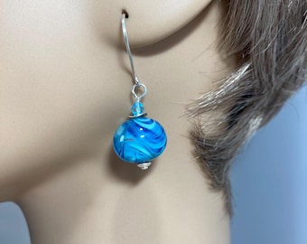 Motion of the Ocean Aqua Waves SRA Artisan Lampwork Earrings