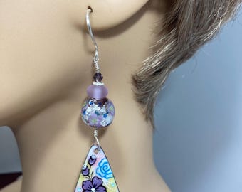 Flowers on Flowers: Pink, Purple, Blue, and Fine Silver SRA Artisan Lampwork and Enamel Earrings