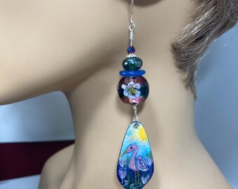 Flamingoes in the Flowers: Pink, Blue, and Green SRA Artisan Lampwork and Vitreous Enamel Earrings
