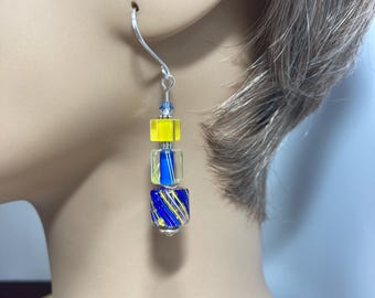 Blue and Yellow Striped SRA Artisan Furnace Glass Earrings