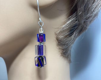 Blue, Purple, Black, and Gold Striped SRA Artisan Furnace Glass Earrings