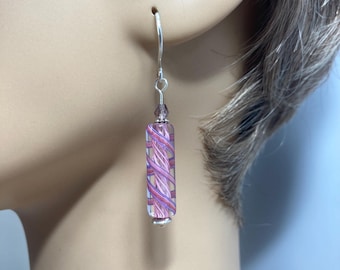 Pink and Purple Diagonal Striped Tubes SRA Artisan Furnace Glass Earrings