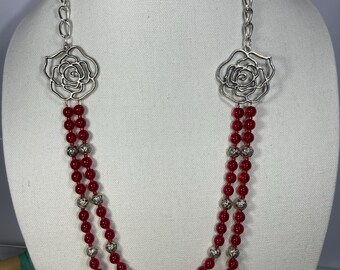 Red and Roses Double-Strand Glass Necklace
