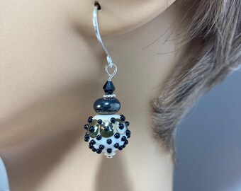 White with Silver Hematite and Black Dots SRA Artisan Modernist Lampwork Earrings