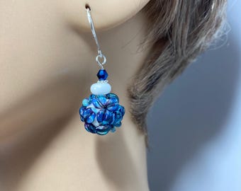 White with Multichromatic Teal Bumpy Flower Petals SRA Artisan Lampwork Earrings