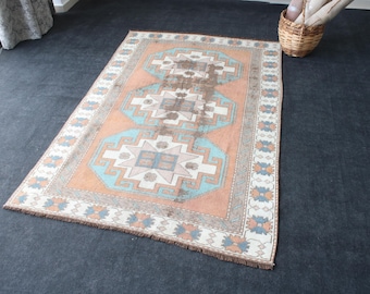 4x6 Vintage Turkish Wool Rug, Hand-knotted Beige Brown Area Rug (3.7x5.6Ft)