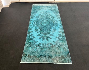 3x9 ヴィンテージ トルコ製ランナーラグ：ブルーオーバーダイウール
