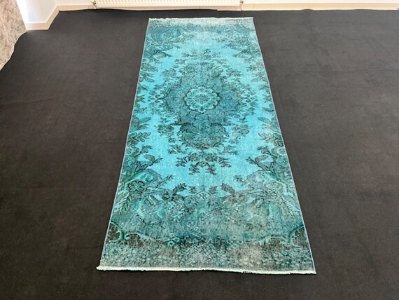 3x9 ヴィンテージ トルコ製ランナーラグ：ブルーオーバーダイウール