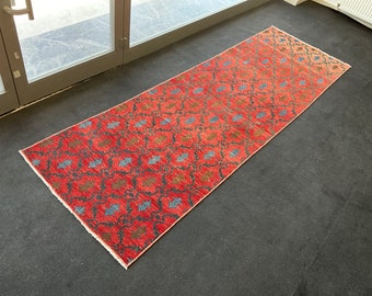 3x10 Roter Läufer, Handgemachter Teppich, Orientteppich, Boho Dekor, Antiker Teppich, Rustikaler Teppich, Waschbar, Korridorläufer