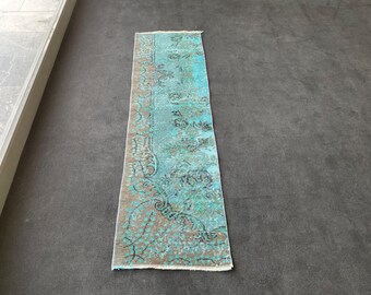 ブルーのオーバーダイウールランナーラグ：ヴィンテージトルコ廊下敷き