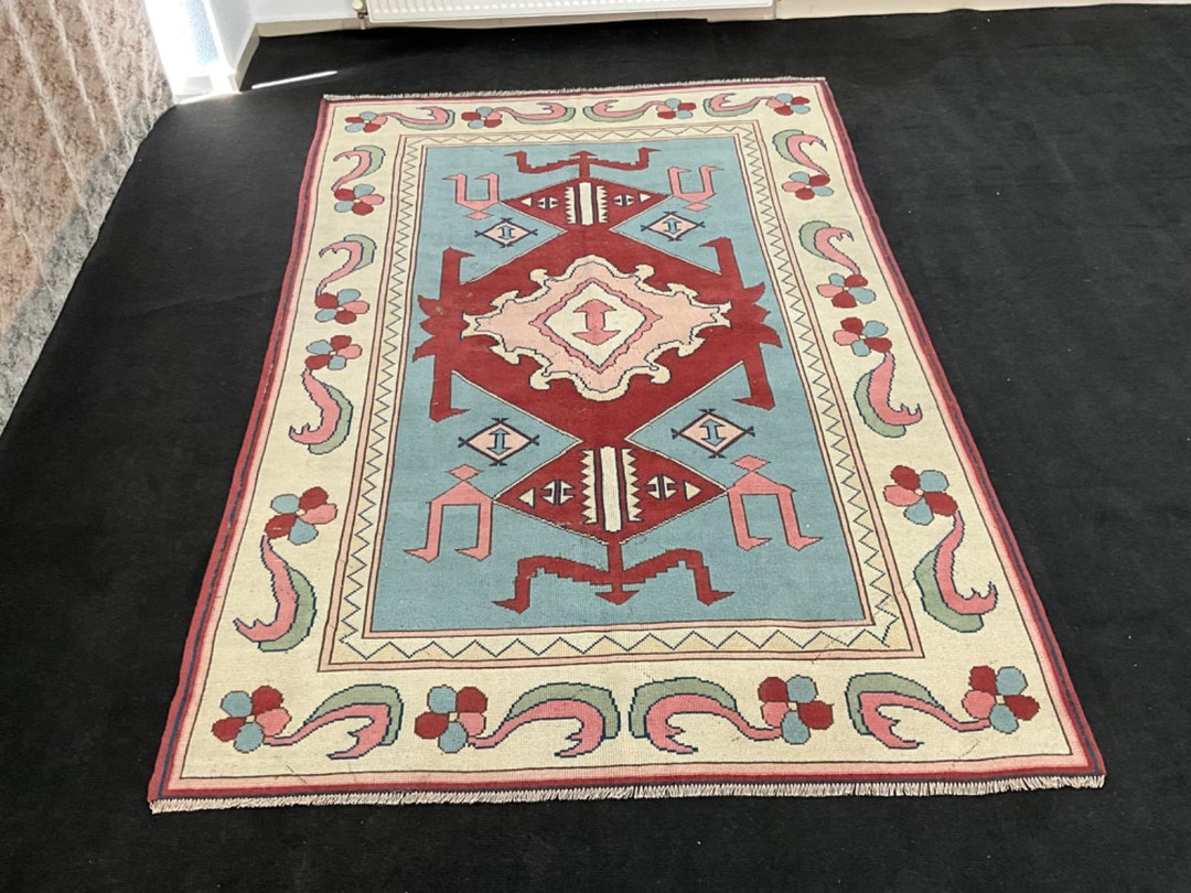 6x8 Vintage Turkish Area Rug: Blue Oriental Handmade Wool Carpet