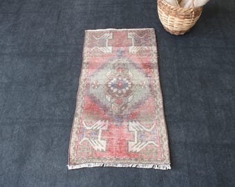 2x3 Red Blue Door Mat Rug, Handmade Turkish Rug, Vintage, Wool