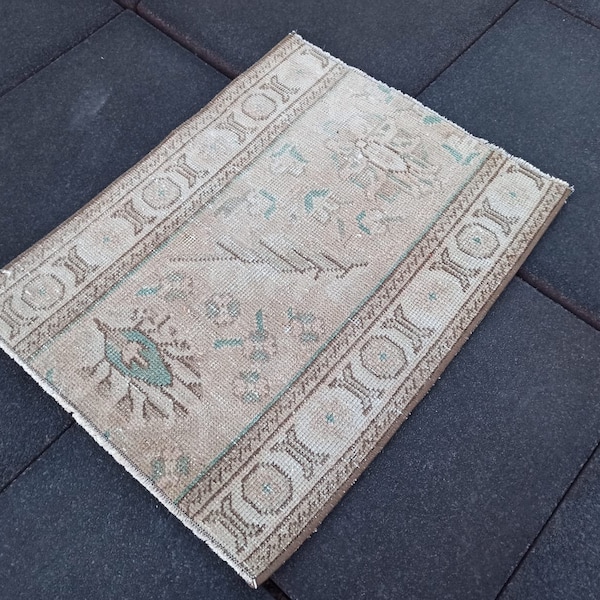 Turkish Doormat Rug, Entryway Decor, Outdoor Door Mat, Bathroom Rug, Small Vintage Rug, Small Oushak Rug, Blue Beige Rug, Boho Rug