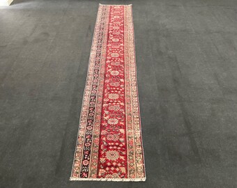 90x300 Roter Läufer, Handgefertigter Teppich, Oushak Teppichläufer, Treppen Teppich, Teppichläufer, Antiker Teppich, Küchenteppich, Neutraler Teppich