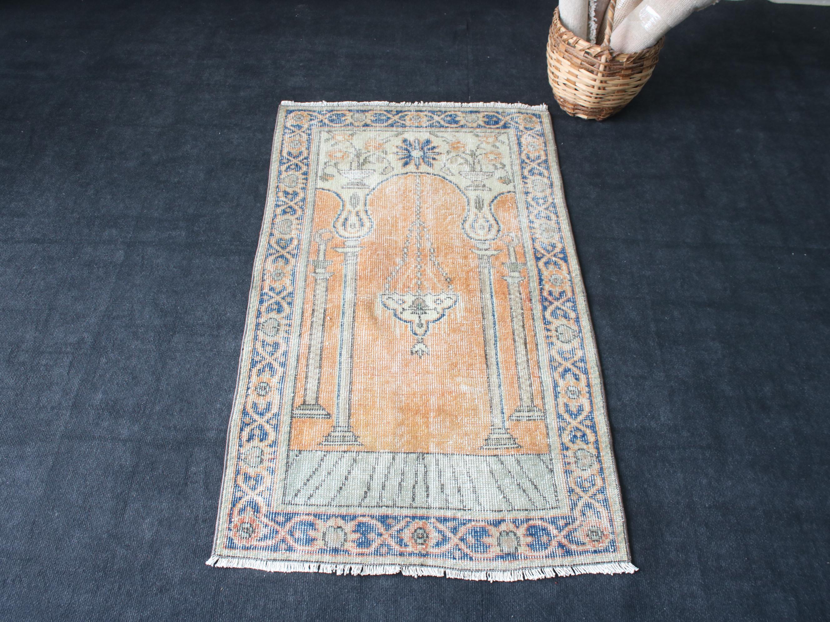 2x4 オレンジブルーラグ、ハンドメイド、トルコ風アクセントラグ