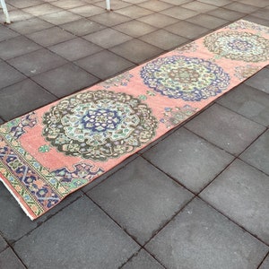 3x13 ROT Vintage Türkischer Oushak Läufer, Handgeknüpfter Wollteppich, Küchenflur Teppich, Einzelstück, Anatolianisch, Boho Dekor, Shabby Chic